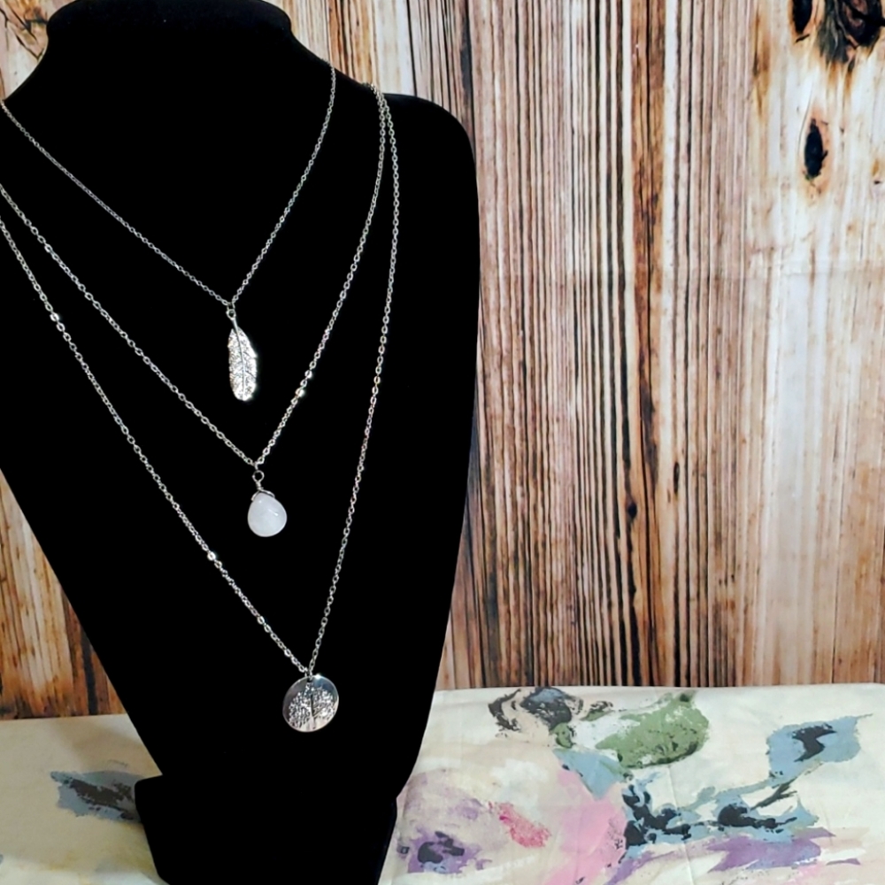 Layered Neckalce Feather Tree of Life Rose Quartz
